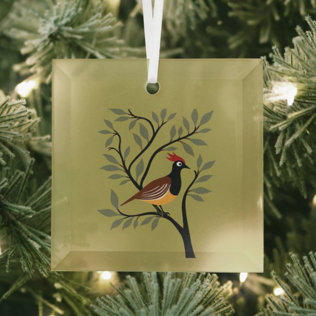 A Partridge In A Pear Tree Cut-Out Stencil Retro 7 Glass Ornament (Insitu)