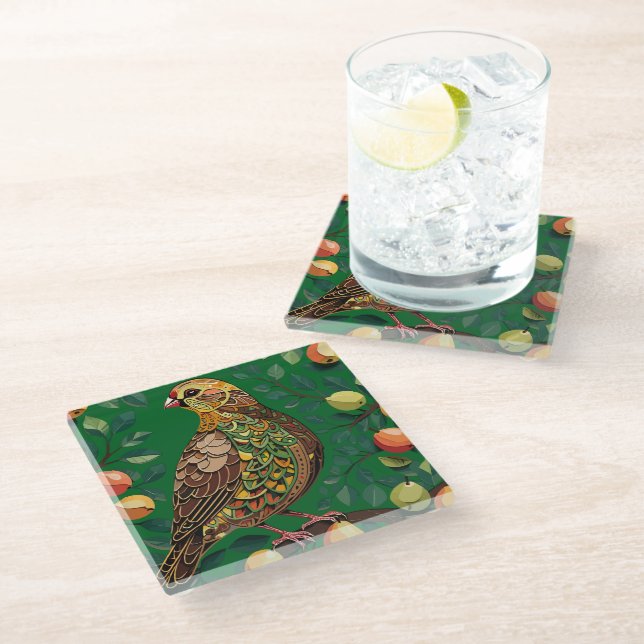 A Partridge In A Pear Tree Cut-Out Stencil-Style Glass Coaster (Angled)