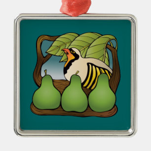A partridge in a pear tree metal ornament