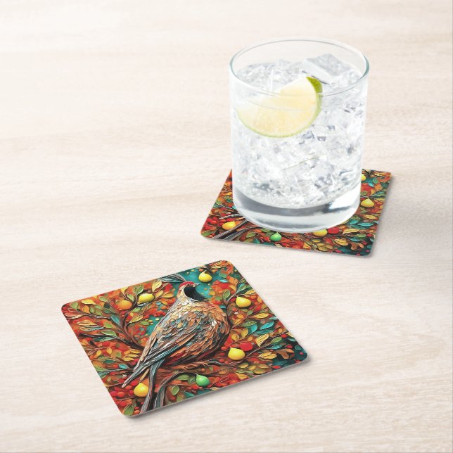 A Partridge In A Pear Tree Square Paper Coaster (Insitu)