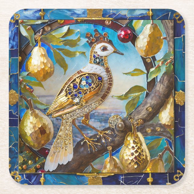A Partridge in a Pear Tree Square Paper Coaster (Front)