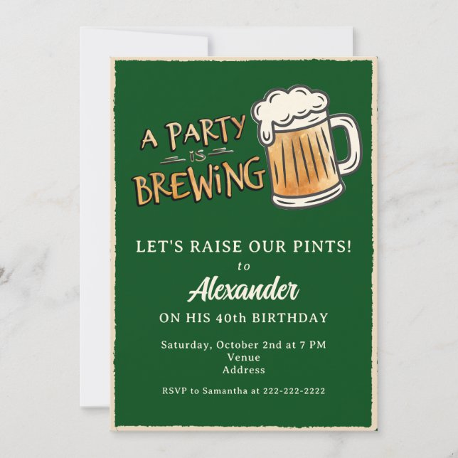 A Party Is Brewing Rustic Beer Milestone Birthday Invitation (Front)