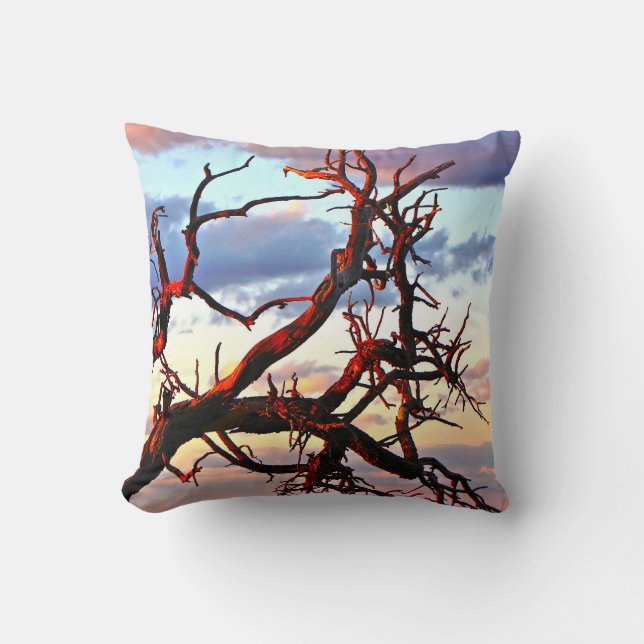 A PASTEL SUNSET WITH BARE TREE BRANCHES THROW PILLOW (Front)