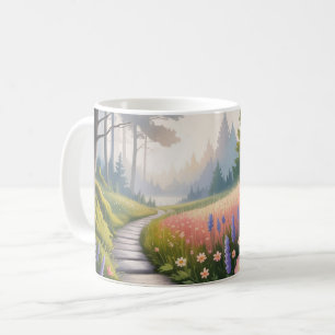 A path between forest trees and wildflowers coffee mug