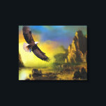 A Patriotic Design with Bald Eagle Flying High Canvas Print<br><div class="desc">A beautiful rocky mountain landscape with a bald eagle with wings outstretched flying gracefully above this scenic rustic landscape. A patriotic symbol.</div>
