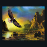 A Patriotic Design with Bald Eagle Flying High Poster<br><div class="desc">A beautiful rocky mountain landscape with a bald eagle with wings outstretched flying gracefully above this scenic rustic landscape. A patriotic symbol.</div>