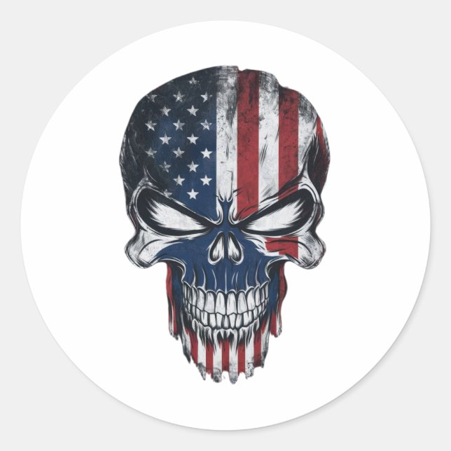 a patriotic skull classic round sticker (Front)