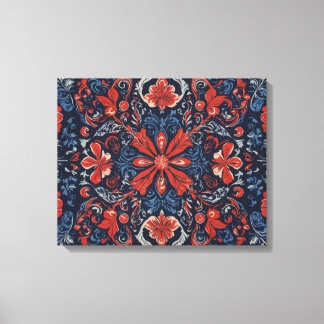 a pattern of flowers and leaves blue red canvas print