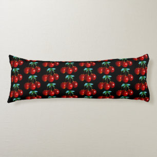 A Pattern Of Red Cherries on Stems Leaves on Black Body Pillow