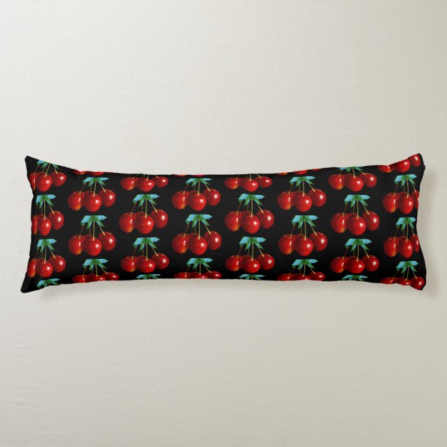 A Pattern Of Red Cherries on Stems Leaves on Black Body Pillow (Front)