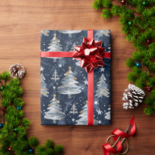 A Pattern Of Trees & Stars on Dark Blue Background Wrapping Paper