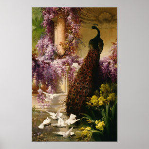 A peacock and doves in a garden , Eugene Bidau Poster