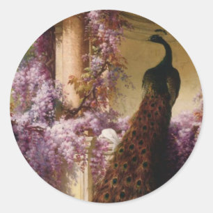A Peacock and Doves in a Garden Print Classic Round Sticker