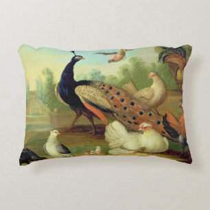 A Peacock, Doves, Chickens and a Jay in a Park Decorative Pillow