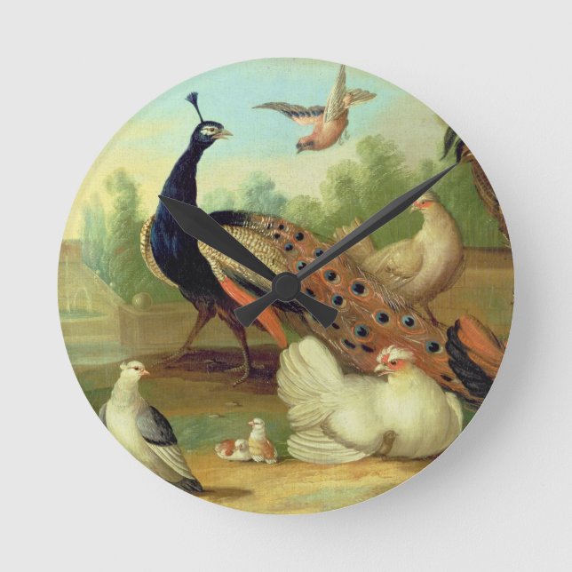 A Peacock, Doves, Chickens and a Jay in a Park Round Clock (Front)