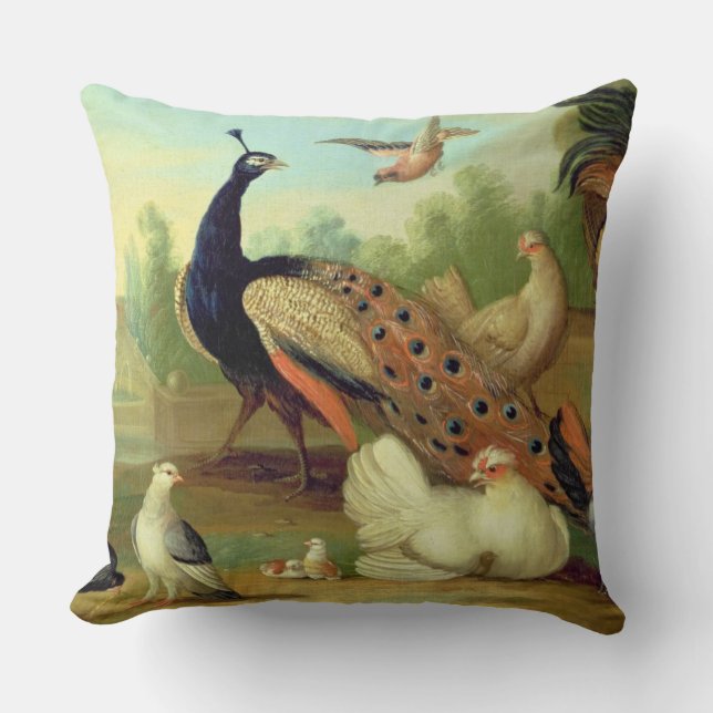 A Peacock, Doves, Chickens and a Jay in a Park Throw Pillow (Front)