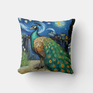 A Peacock in The Starry Night Throw Pillow
