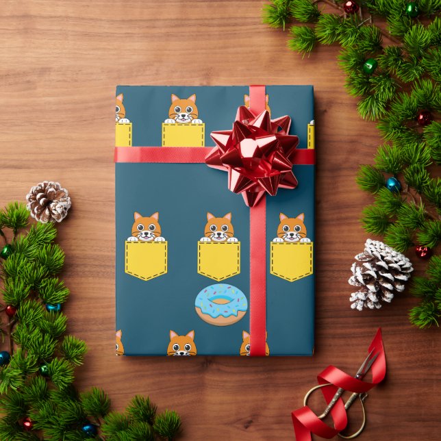 A Peeking Cat and a Blue Donut Wrapping Paper (Holiday Gift)