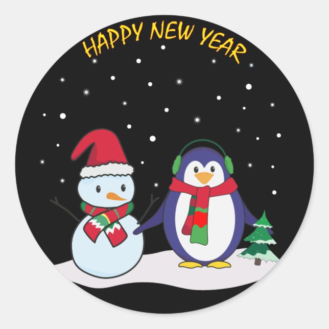 A penguin and a snowman, Happy New Year! Classic Round Sticker (Front)