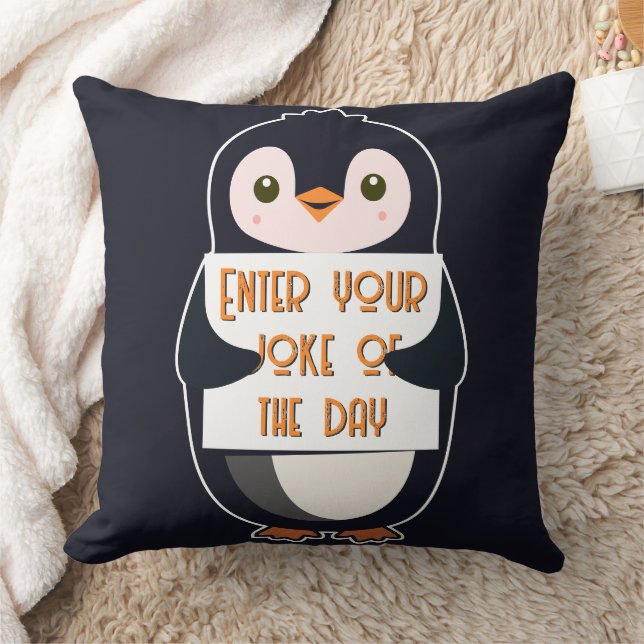 A penguin holding a sign with custom text throw pillow (Blanket)