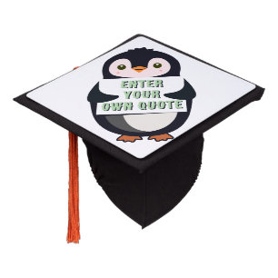 A penguin holding a sign with customizable text th graduation cap topper