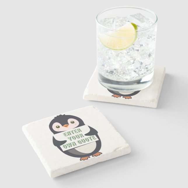 A penguin holding a sign with customizable text th stone coaster (Side)