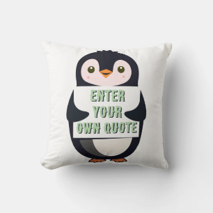 A penguin holding a sign with customizable text th throw pillow
