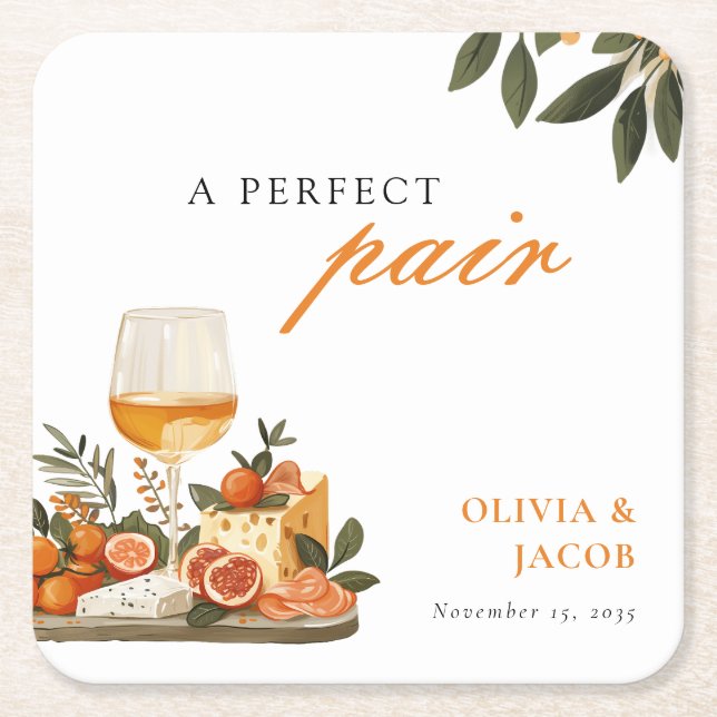A Perfect Pair Wine & Cheese Engagement Party Square Paper Coaster (Front)