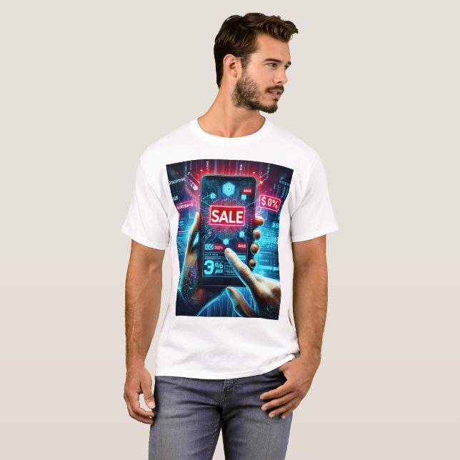 a person holding a phone with the word sale on it T-Shirt (Front Full)