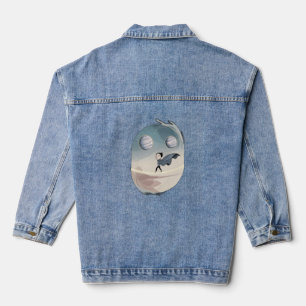 A person walking on a tightrope between planets, denim jacket
