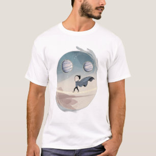 A person walking on a tightrope between planets, T-Shirt