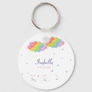 A personalized birth announcement button keychain