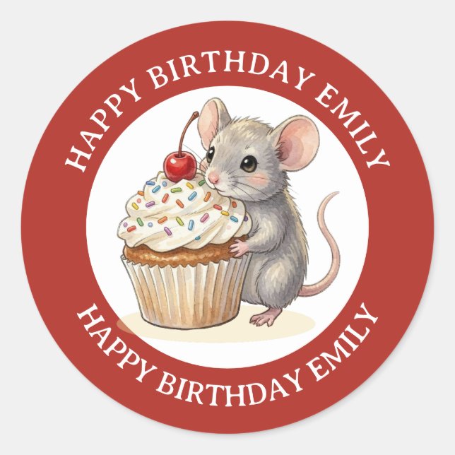 A Personalized Birthday Mouse with Cupcake Classic Round Sticker (Front)