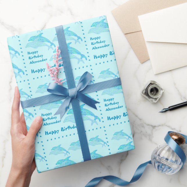 A Personalized Fun Blue Dolphins Happy Birthday Wrapping Paper (Gifting)