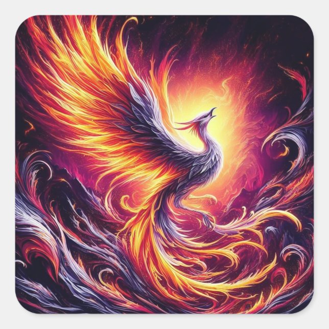 A phoenix rising from fiery ashes. square sticker (Front)