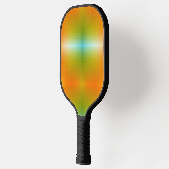 A pickleball paddle with a vibrant gradient design (Left)