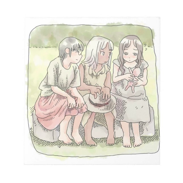 A picture of a three naked-footed girl sitting in  notepad (Front)