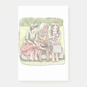 A picture of a three naked-footed girl sitting in post-it notes