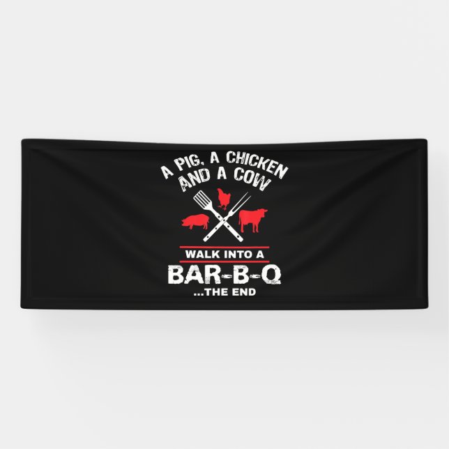 A Pig Chicken Cow Walk Into A Bar Funny BBQ Banner (Horizontal)