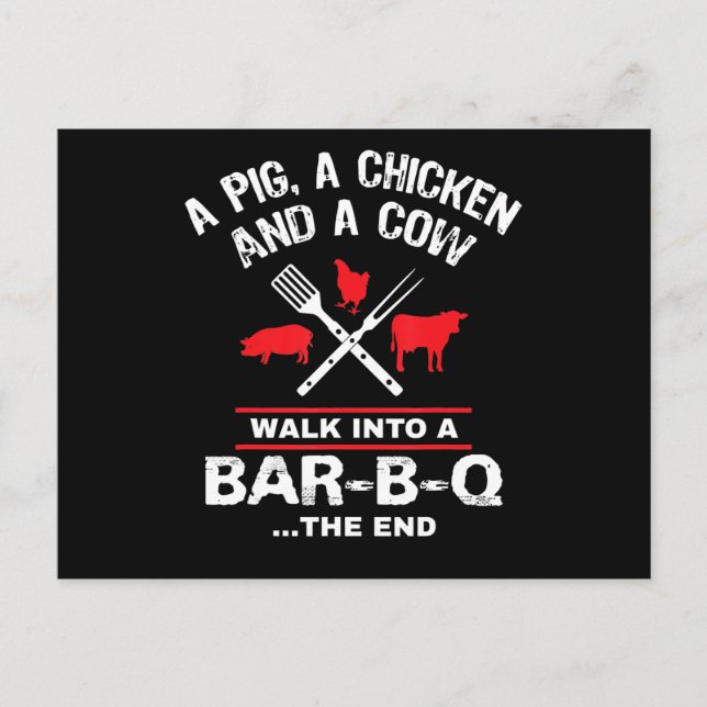 A Pig Chicken Cow Walk Into A Bar Funny BBQ Holiday Postcard (Front)