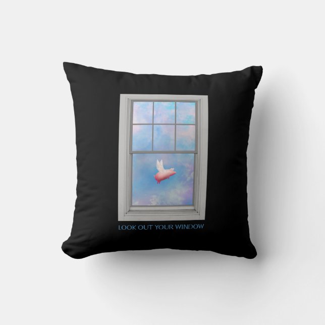 A pig flying past-look out your window throw pillow (Front)
