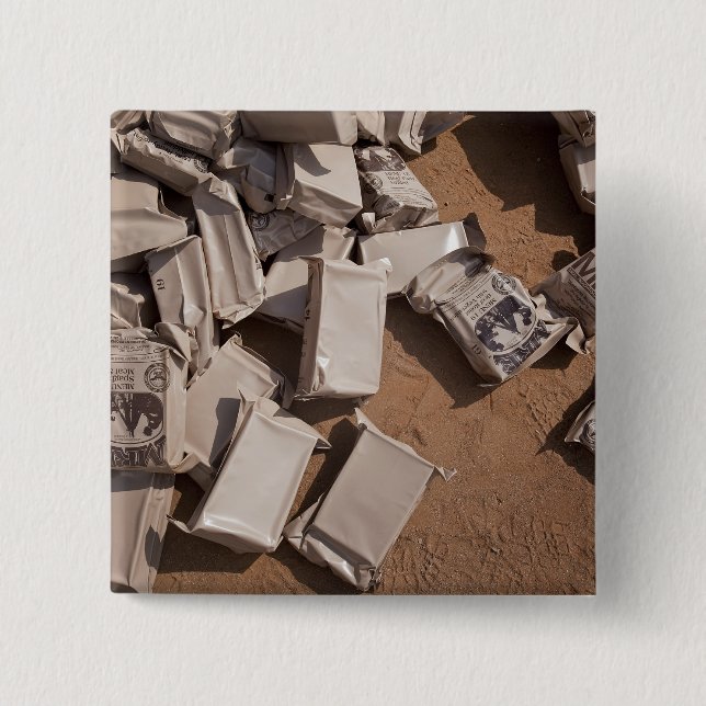 A pile of Meals Ready to Eat 2 Inch Square Button (Front)