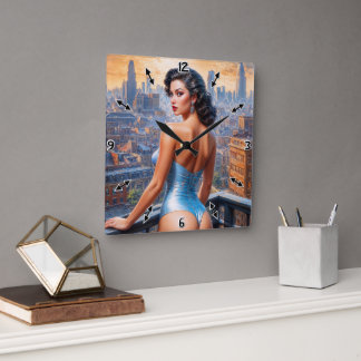 A Pin Up Girl View At Dusk AI Art by Xzendor7 Square Wall Clock