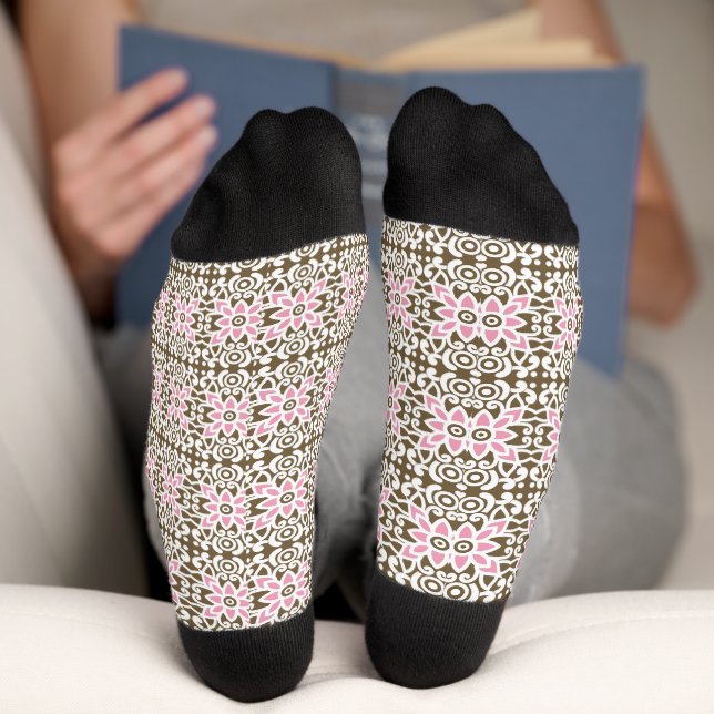 a pink and brown pattern on a white background socks (Bottom)