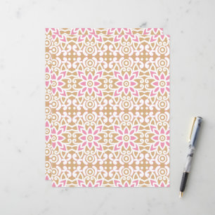 a pink and white flower pattern on a brown backgro
