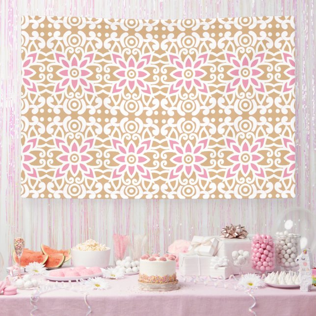 a pink and white flower pattern on a brown backgro banner (Party)