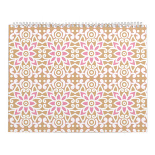 a pink and white flower pattern on a brown backgro calendar