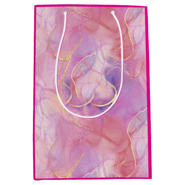 A Pink and White Marble Finish with Brushed Gold  Medium Gift Bag (Front)