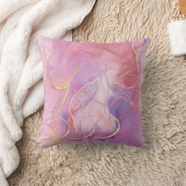 A Pink and White Marble Finish with Brushed Gold  Throw Pillow (Blanket)
