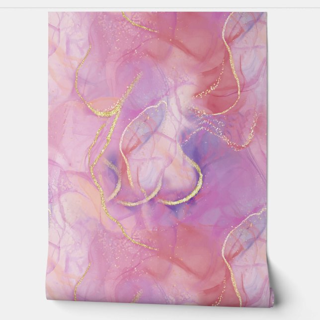 A Pink and White Marble Finish with Brushed Gold  Wallpaper (Unrolling)